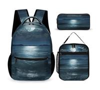 VFKLT Lot de 3 sacs à dos de sport avec boîte à déjeuner et trousse à crayons, lune et mer, taille unique, Lune et mer., Taille unique, Sacs à dos