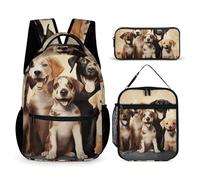 VFKLT Lot de 3 sacs à dos de sport avec boîte à déjeuner et trousse à crayons - Motif chiens Happy Party - Taille unique, Chiens Happy Party, Taille unique, Sacs à dos