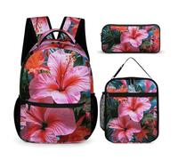 VFKLT Lot de 3 sacs à dos de sport avec boîte à déjeuner et trousse à crayons - Motif fleurs tropicales roses - Taille unique, Plante tropicale à fleurs roses., Taille unique, Sacs à dos