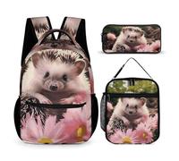 VFKLT Lot de 3 sacs à dos de sport avec boîte à déjeuner et trousse à crayons, motif hérisson mignon dans des fleurs, taille unique, Hérisson mignon en fleurs, Taille unique, Sacs à dos