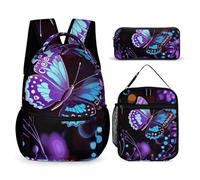 VFKLT Lot de 3 sacs à dos de sport avec boîte à déjeuner et trousse à crayons, motif papillon violet et fleurs, taille unique, Papillon et Fleurs Violet, Taille unique, Sacs à dos
