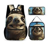 VFKLT Lot de 3 sacs à dos de sport avec boîte à déjeuner et trousse à crayons - Motif paresseux amusant - Taille unique, Dessin animé paresseux drôle, Taille unique, Sacs à dos