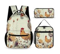 VFKLT Lot de 3 sacs à dos de sport avec boîte à déjeuner et trousse à crayons Motif poule et papillons volants parmi fleurs Taille unique, Poule papillon volant parmi les fleurs, Taille unique, Sacs à