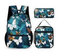 VFKLT Lot de 3 sacs à dos de sport avec boîte à déjeuner et trousse à crayons, papillons blancs, taille unique, Papillons blancs., Taille unique, Sacs à dos