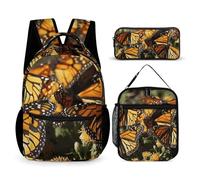 VFKLT Lot de 3 sacs à dos de sport avec boîte à déjeuner et trousse à crayons, papillons monarques, taille unique, Papillons monarques., Taille unique, Sacs à dos