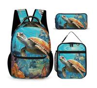 VFKLT Lot de 3 sacs à dos de sport avec boîte à déjeuner et trousse à crayons, tortue de mer, récif corallien, taille unique, Dauphins Tortue de mer Récif corallien, Taille unique, Sacs à dos