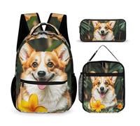 VFKLT Lot de 3 sacs à dos de sport avec boîte à déjeuner, trousse à crayons, fleurs tropicales et corgi, taille unique, Fleur tropicale et corgi, Taille unique, Sacs à dos