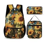 VFKLT Lot de 3 sacs à dos de sport avec boîte à déjeuner, trousse à crayons, tournesols et papillons, taille unique, motif tournesols et papillons, Tournesols et papillons, Taille unique, Sacs à dos