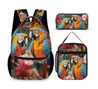 VFKLT Lot de 3 sacs à dos de sport avec motif plantes tropicales et perroquets, sac à dos de sport avec boîte à déjeuner, trousse à crayons, plantes tropicales et perroquets, taille unique, Plantes