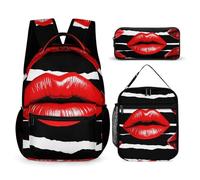VFKLT Lot de 3 sacs à dos de sport avec trousse à déjeuner et trousse à crayons Motif lèvres rouges Kiss Taille unique, Red Lips Kiss, Taille unique, Sacs à dos