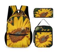 VFKLT Lot de 3 sacs à dos de voyage avec boîte à déjeuner et trousse à crayons, motif tournesol, abeilles, taille unique, Abeilles de tournesol., Taille unique, Sacs à dos