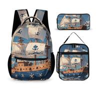 VFKLT Lot de 3 sacs à dos nautiques sur le thème des pirates, sac à dos de voyage portable et décontracté avec boîte à déjeuner et trousse à crayons, thème nautique, pirate de voile, taille unique,