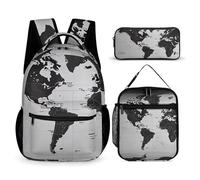 VFKLT Lot de 3 sacs à dos noirs et blancs avec carte du monde et sac à dos de sport avec boîte à déjeuner et trousse à crayons, motif carte du monde noir et blanc, taille unique, Carte du monde en