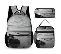 VFKLT Lot de 3 sacs à dos noirs et blancs pour la plage, les voyages, le sport, les loisirs, le sport et la boîte à déjeuner, avec trousse à crayons, noir et blanc, taille unique, Plage noire et