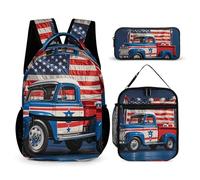 VFKLT Lot de 3 sacs à dos patriotiques du 4 juillet - Sac de voyage portable décontracté - Sac à dos de sport avec boîte à déjeuner et trousse à crayons - Camions patriotiques du 4 juillet - Taille