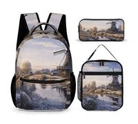 VFKLT Lot de 3 sacs à dos paysage avec un moulin à vent traditionnel, sac de voyage portable décontracté sac à dos de sport avec boîte à déjeuner, trousse à crayons, paysage avec moulin à vent