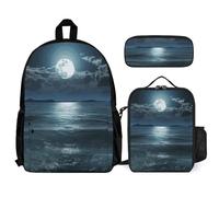 VFKLT Moon And Sea Sac à dos avec boîte à déjeuner et trousse à crayons Ensemble de 3 pièces Sac de voyage décontracté Sac à dos pour ordinateur portable, blanc, taille unique, sacs à dos de voyage,