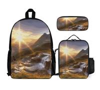 VFKLT Mountain Sunrise Landscape Sac à dos avec boîte à déjeuner et trousse à crayons Ensemble de 3 pièces Sac de voyage décontracté Sac à dos pour ordinateur portable, blanc, taille unique, sacs à
