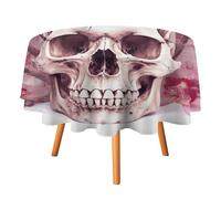 VFKLT Nappe ronde, tête de mort humaine, fleurs roses, en polyester, lavable en machine, nappe décorative d'extérieur pour fête de terrasse, Halloween, 152,4 x 152,4 cm