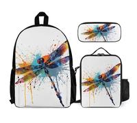 VFKLT Paint Splash Libellule Sac à dos avec boîte à déjeuner et trousse à crayons Ensemble de 3 pièces Sac de voyage décontracté pour ordinateur portable Blanc Taille unique, blanc, Taille unique,