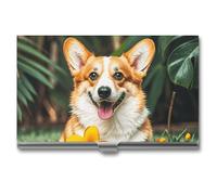 VFKLT Porte-cartes de visite fin et portable en métal avec fleurs tropicales et corgi - Pour homme et femme - Argenté, Argent, One size, Décontracté