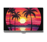 VFKLT Porte-cartes de visite fin et portable en métal avec motif palmier et coucher de soleil - Pour homme et femme - Argenté, Argent, One size, Décontracté