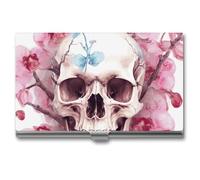 VFKLT Porte-cartes de visite fin et portable en métal avec tête de mort humaine et fleurs roses - Pour homme et femme - Argenté, Argent, One size, Décontracté