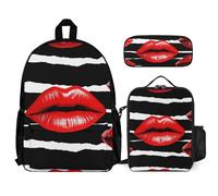 VFKLT Red Lips Kiss Sac à dos avec boîte à déjeuner et trousse à crayons Ensemble de 3 pièces Sac de voyage décontracté Sac à dos pour ordinateur portable, blanc, taille unique, blanc, Taille unique,
