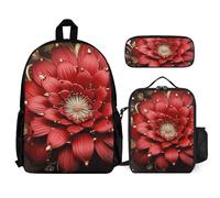 VFKLT Sac à dos à motif floral rouge doré avec boîte à déjeuner, trousse à crayons, ensemble de 3 pièces, sac de voyage, sac à dos décontracté pour ordinateur portable, blanc, One Size, Sacs à dos de