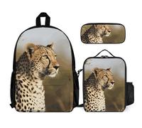 VFKLT Sac à dos animal sauvage léopard avec boîte à déjeuner, trousse à crayons, ensemble de 3 pièces, sac de voyage, sac à dos décontracté pour ordinateur portable, blanc, taille unique, sacs à dos
