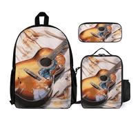 VFKLT Sac à dos aquarelle pour guitare acoustique avec boîte à déjeuner, trousse à crayons, ensemble de 3 pièces, sac de voyage, sac à dos décontracté pour ordinateur portable, blanc, taille unique,