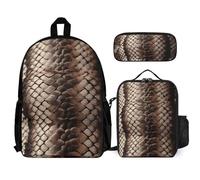 VFKLT Sac à dos classique en peau de serpent avec boîte à déjeuner et trousse à crayons, ensemble de 3 pièces, sac de voyage, sac à dos décontracté pour ordinateur portable, blanc, taille unique, sacs