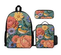 VFKLT Sac à dos coloré à motif fleurs et oiseaux avec boîte à déjeuner, trousse à crayons, ensemble de 3 pièces, sac de voyage, sac à dos décontracté pour ordinateur portable, blanc, taille unique,