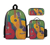 VFKLT Sac à dos coloré pour guitare acoustique et guitare avec boîte à déjeuner, trousse à crayons, ensemble de 3 pièces, sac de voyage, sac à dos décontracté pour ordinateur portable, blanc, taille