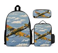 VFKLT Sac à dos d'avion de la Seconde Guerre mondiale avec boîte à déjeuner et trousse à crayons Ensemble de 3 pièces Sac de voyage décontracté pour ordinateur portable, blanc, taille unique, sacs à