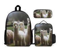 VFKLT Sac à dos familial en alpaga avec boîte à déjeuner et trousse à crayons - Ensemble de 3 pièces - Sac de voyage décontracté pour ordinateur portable - Blanc - Taille unique, blanc, Taille unique,