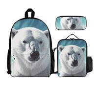 VFKLT Sac à dos ours polaire avec boîte à déjeuner et trousse à crayons - Ensemble de 3 pièces - Sac de voyage décontracté pour ordinateur portable - Blanc, taille unique, blanc, Taille unique, Sacs à