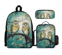 VFKLT Sac à dos pour couple de chouettes, perchoirs, arbre, avec boîte à déjeuner, trousse à crayons, ensemble de 3 pièces, sac à dos de voyage décontracté pour ordinateur portable, blanc, taille