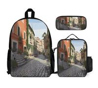 VFKLT Street of Italy Sac à dos avec boîte à déjeuner et trousse à crayons Ensemble de 3 pièces Sac de voyage décontracté Sac à dos pour ordinateur portable Blanc Taille unique Sacs à dos de voyage,