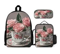 VFKLT Tasses à thé avec roses - Sac à dos de style shabby romantique avec boîte à déjeuner et trousse à crayons - Ensemble de 3 pièces - Sac à dos de voyage décontracté pour ordinateur portable -