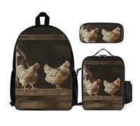 VFKLT Three Chickens Sac à dos avec boîte à déjeuner et trousse à crayons Ensemble de 3 pièces Sac de voyage décontracté Sac à dos pour ordinateur portable Blanc Taille unique, blanc, Taille unique,