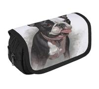 VFKLT Trousse à crayons Boston Terrier double couche de grande capacité avec double fermeture éclair portable pour homme et femme pour voyage, affaires, bureau, blanc, Taille unique, Trousse à crayons