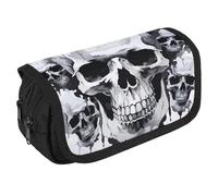 VFKLT Trousse à crayons double couche avec motif tête de mort blanche et grise - Grande capacité - Double fermeture éclair - Portable - Pour homme et femme - Pour voyage, affaires, bureau, blanc,