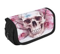 VFKLT Trousse à crayons double couche avec motif tête de mort humain et fleurs roses - Grande capacité - Double fermeture éclair - Portable - Pour homme et femme - Pour voyage, affaires, bureau,