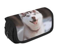VFKLT Trousse à crayons Husky Piquant - Double couche - Grande capacité - Double fermeture éclair - Portable - Pour homme et femme - Pour voyage, affaires, bureau, blanc, Taille unique, Trousse à