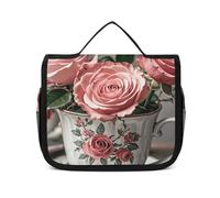 VFKLT Trousse de toilette à suspendre avec tasses à thé avec roses - Style shabby romantique - Trousse de maquillage de voyage étanche pour homme et femme - Blanc - 22,6 x 7,1 x 18,5 cm, blanc, 8.9 x