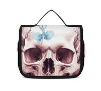 VFKLT Trousse de toilette à suspendre avec tête de mort humaine et fleurs roses - Trousse de maquillage de voyage étanche pour homme et femme - Blanc - 22,6 x 7,1 x 18,5 cm - Trousse de toilette