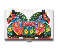 VFMKT Porte-cartes de visite fin en métal - Portable - Porte-cartes de visite - Porte-cartes de visite suédois Dala Horse Folk - Portefeuille folk pour homme et femme - Style de voyage - Taille