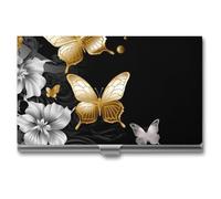 VFMKT Porte-cartes de visite fin en métal - Porte-cartes de visite - Doré et blanc - Papillons noirs - Portefeuille pour homme et femme, Style :, One Size