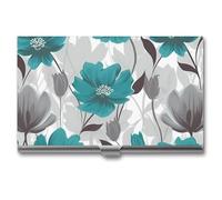 VFMKT Porte-cartes de visite fin en métal - Porte-cartes de visite portable - Bleu sarcelle gris et blanc - Portefeuille floral pour homme et femme